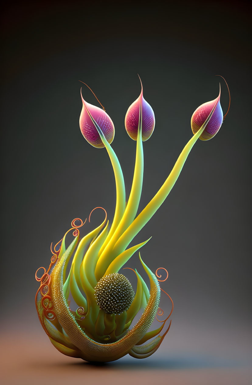 Abstract digital art: Stylized plant with yellow stems, pink buds, and swirling orange base