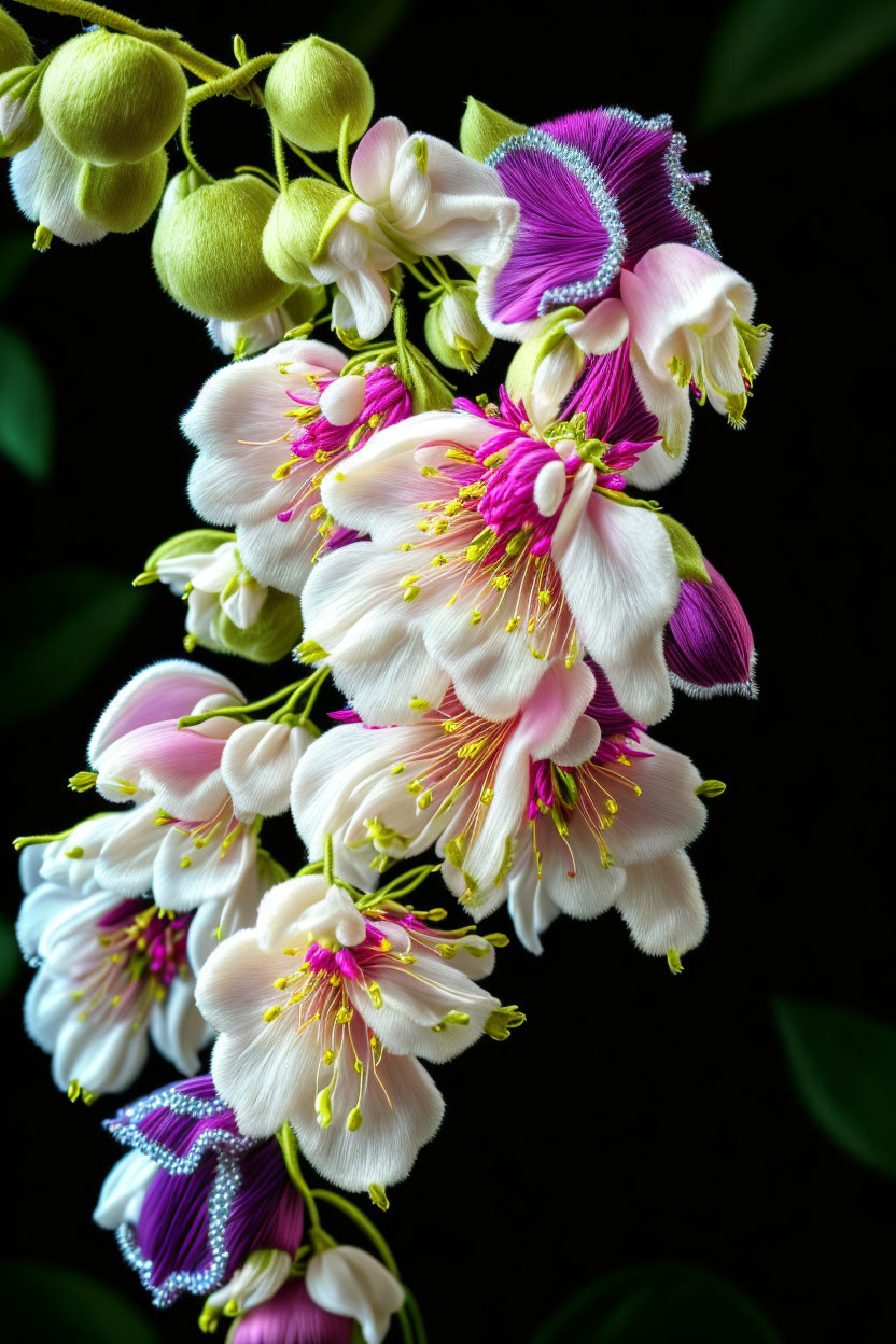 Delicate Pink and White Fuchsia Flowers on Dark Background