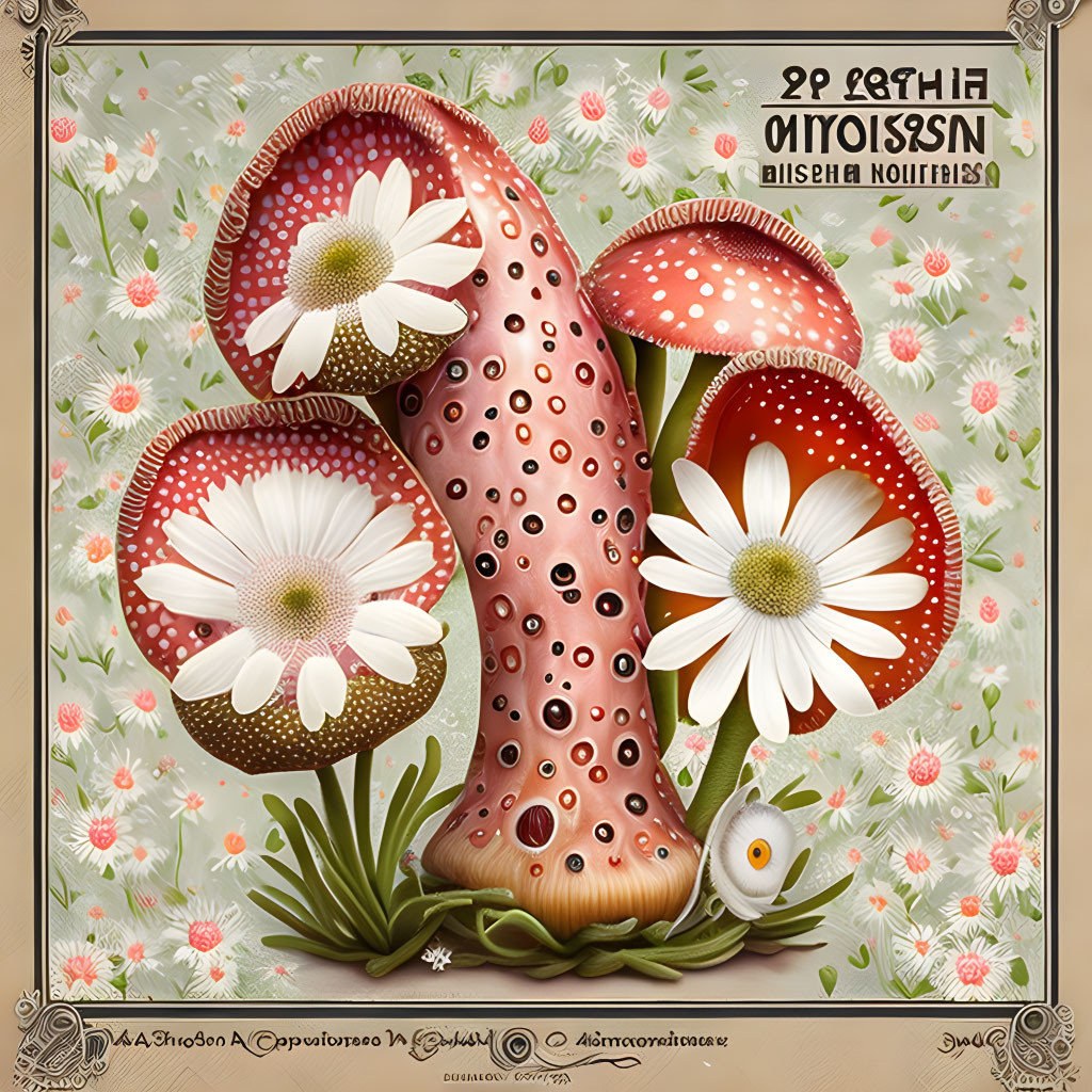 Whimsical red mushroom, daisies, butterfly, and Cyrillic border illustration