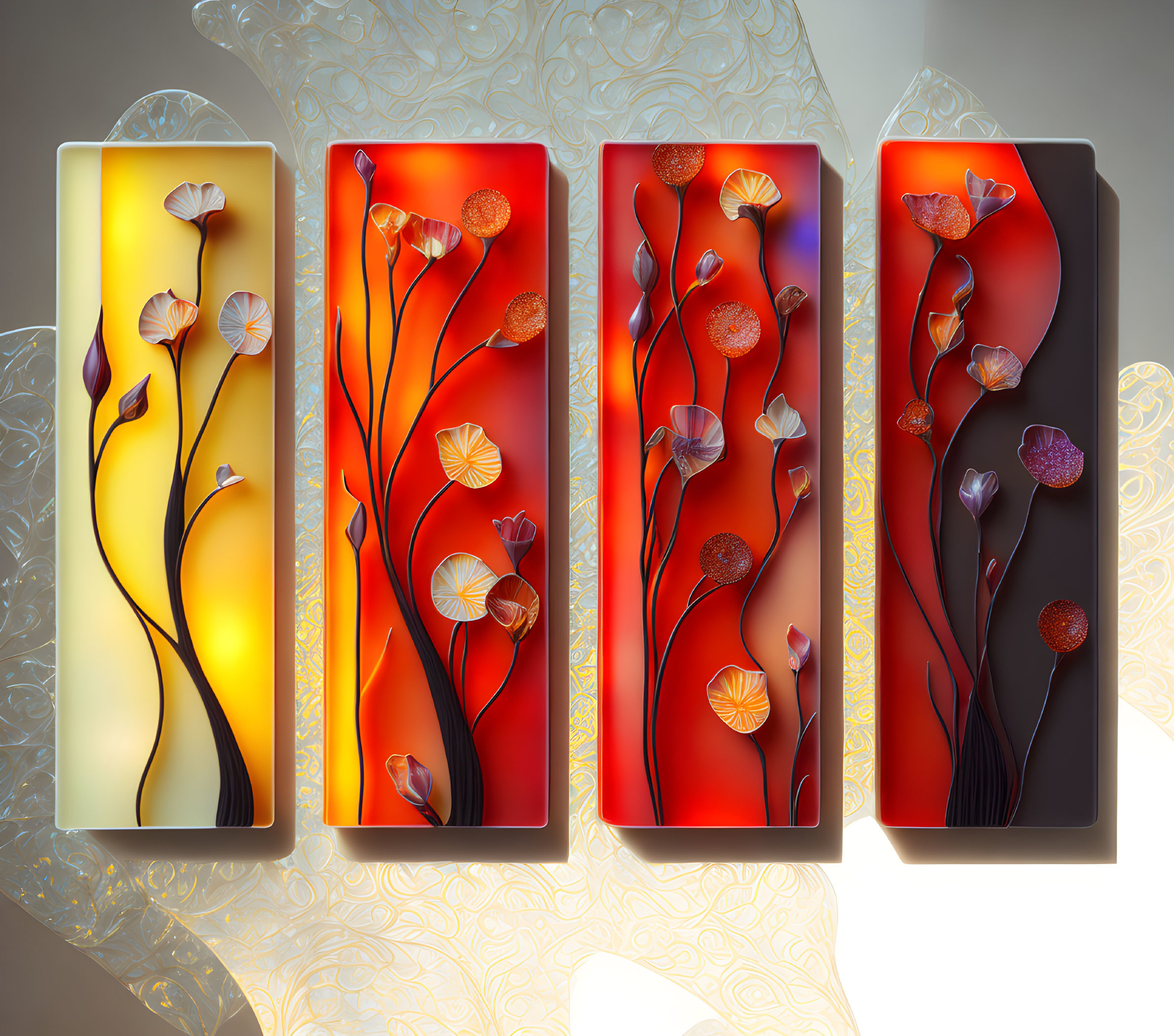 Stylized autumn tree panels in red and gold hues