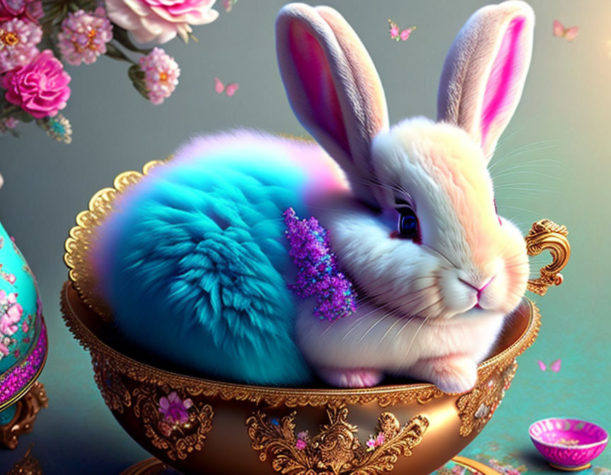 Colorful digital artwork: Fluffy white and blue rabbit in golden bowl with flowers