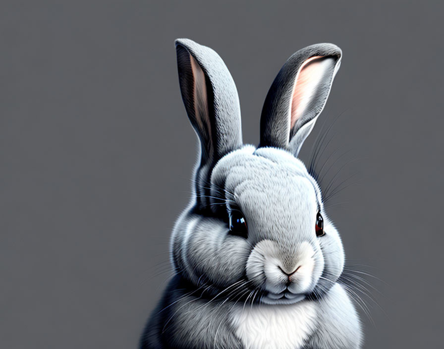 Realistic grey and white rabbit illustration with expressive eyes