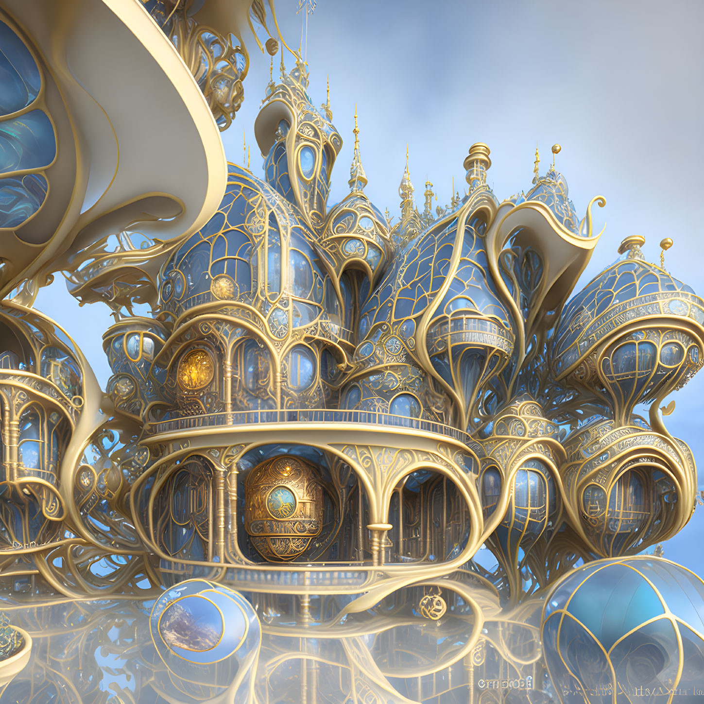 Intricate golden and blue palace with ornate spires and reflective surfaces