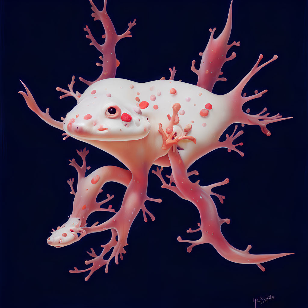 Whimsical pink amphibian creature with coral-like appendages on dark backdrop