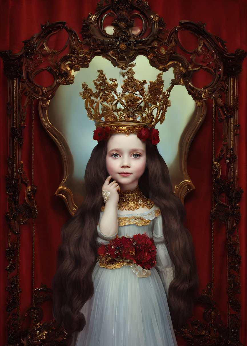 Young girl in white dress with golden embroidery and ornate gold crown posing in red velvet chair with bar