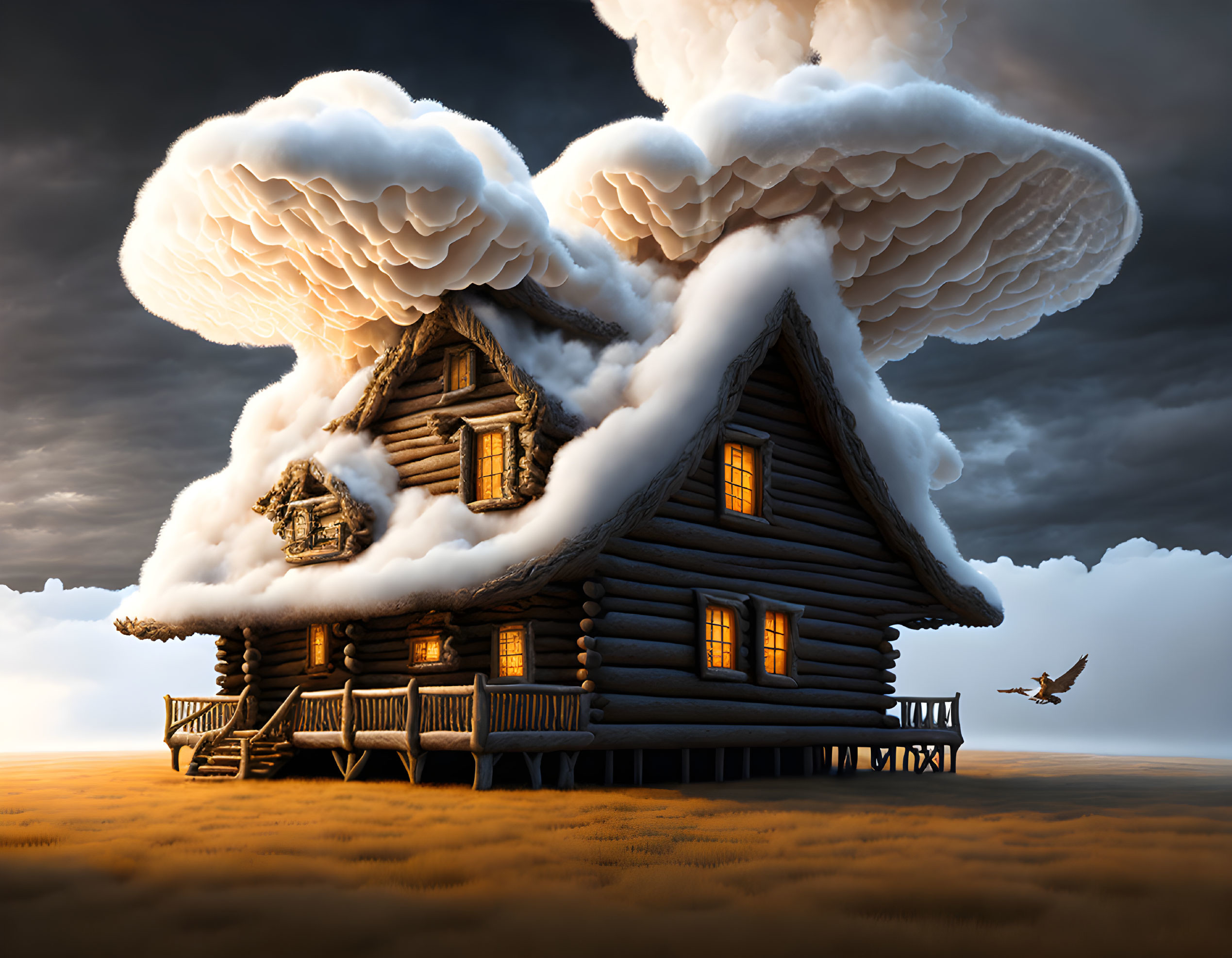 Surreal wooden cabin with chimney smoke and lone bird in dramatic sky