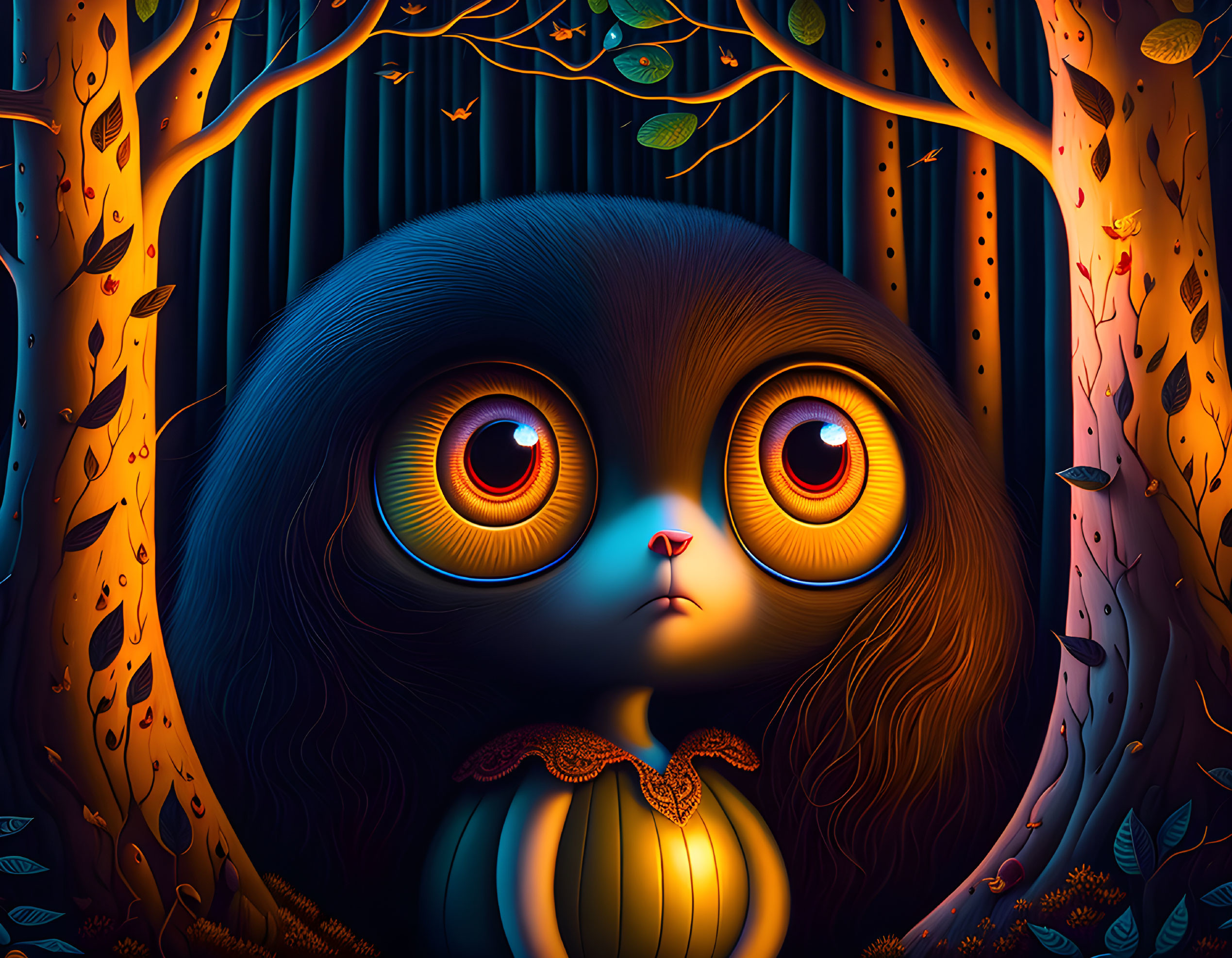 Wide-eyed cartoonish creature in dark forest illustration