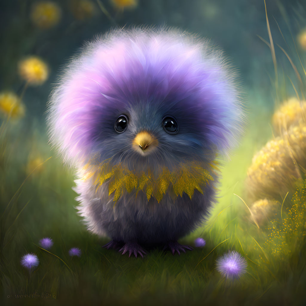 Purple and Grey Fluffy Creature with Yellow Details in Dandelion Field