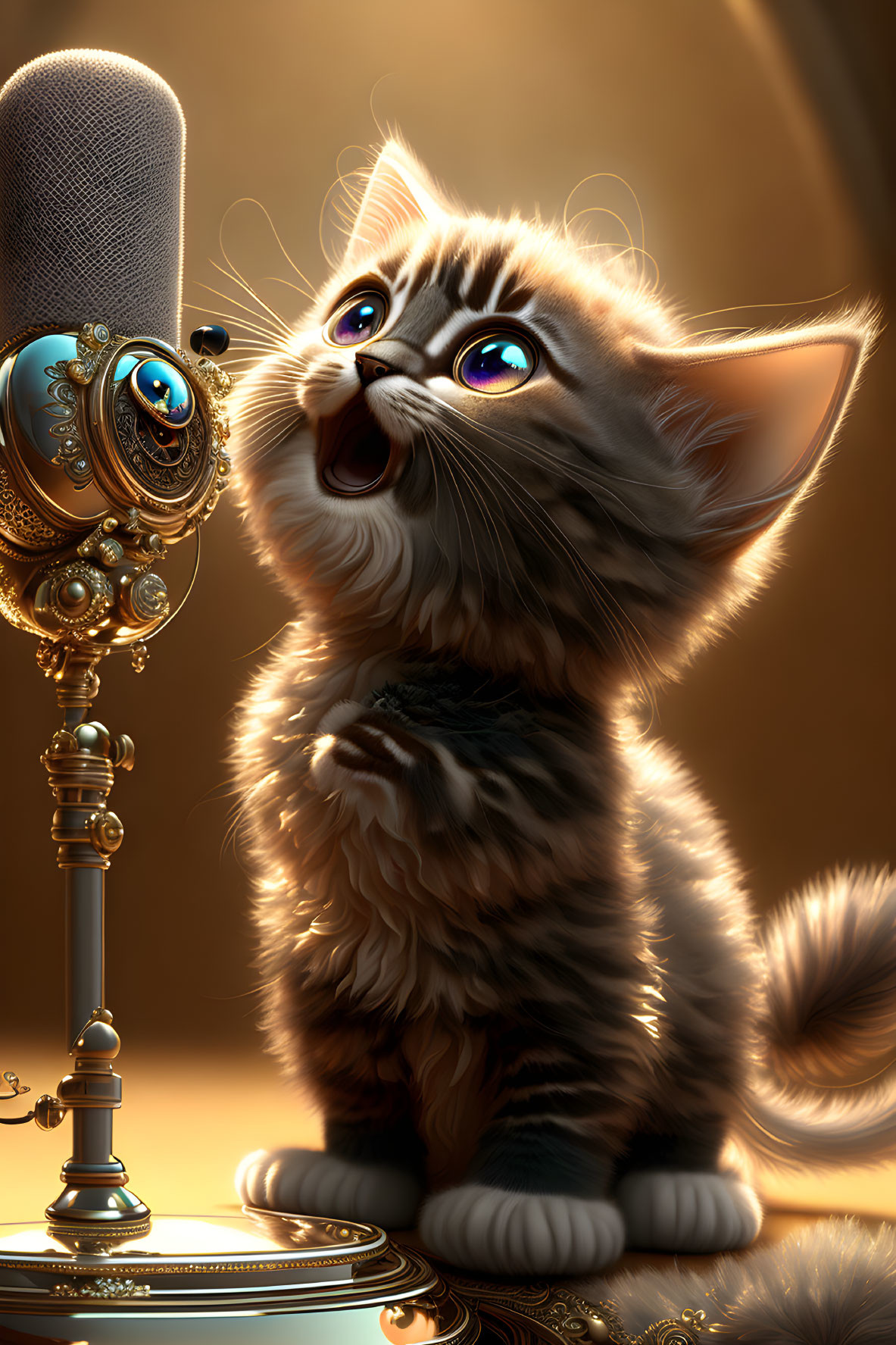 Fluffy tabby kitten with bright blue eyes near vintage microphone