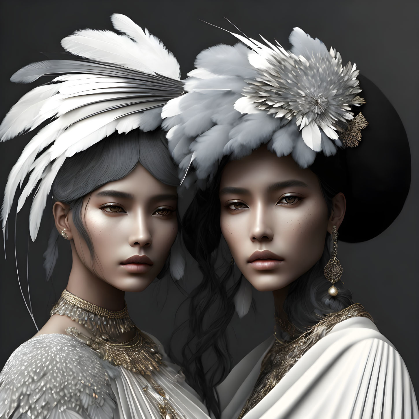 Two women in elaborate feather headpieces and ornate jewelry on grey background