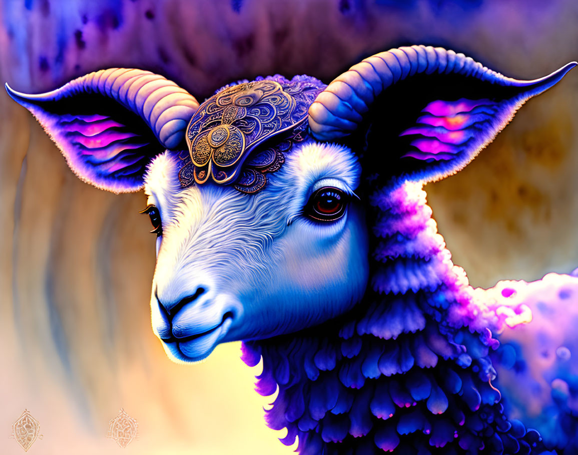 Vibrant digital art: Blue ram with purple horns and golden patterns on forehead