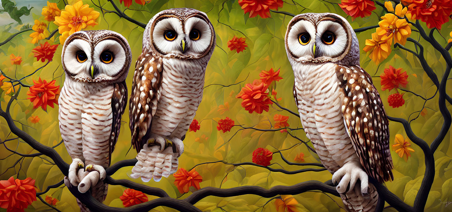 Stylized owls on branch with autumn leaves and orange flowers