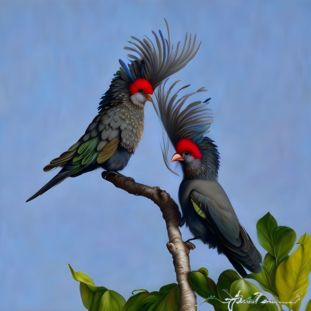 Dramatic crested cockatiels perched on branch against blue sky