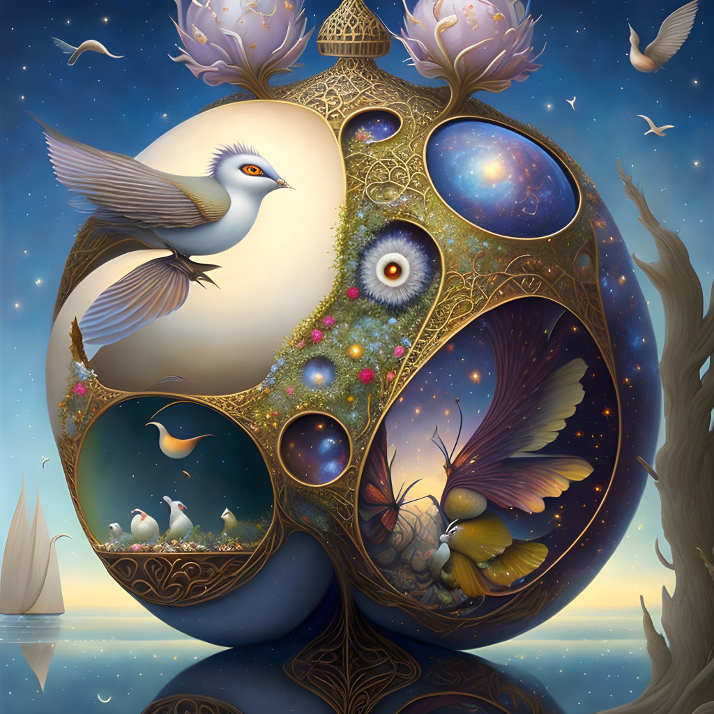 Whimsical bird, celestial, floral, and nautical elements in ornate golden loop.