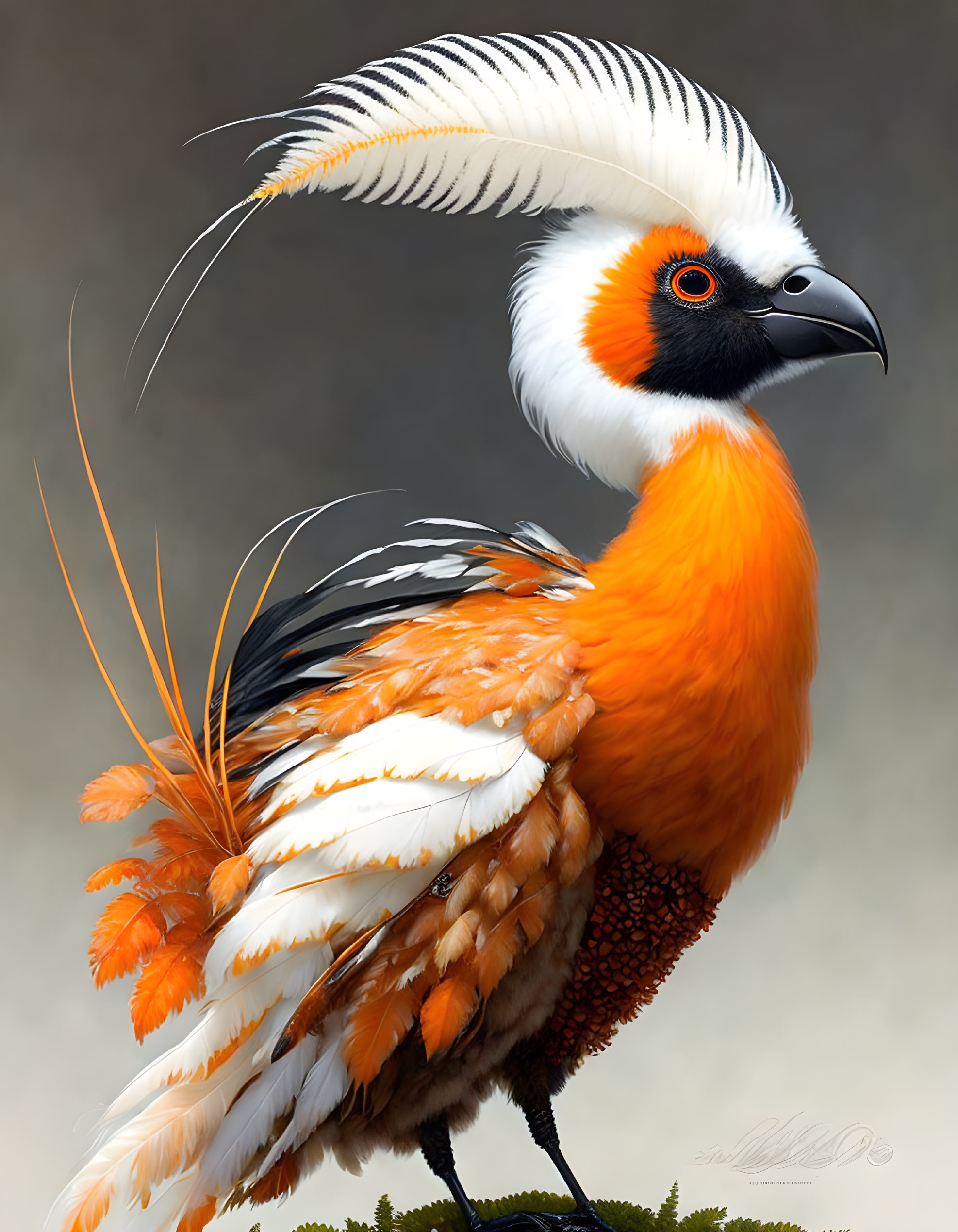 Vibrant bird with black, white, orange plumage and crest on neutral backdrop