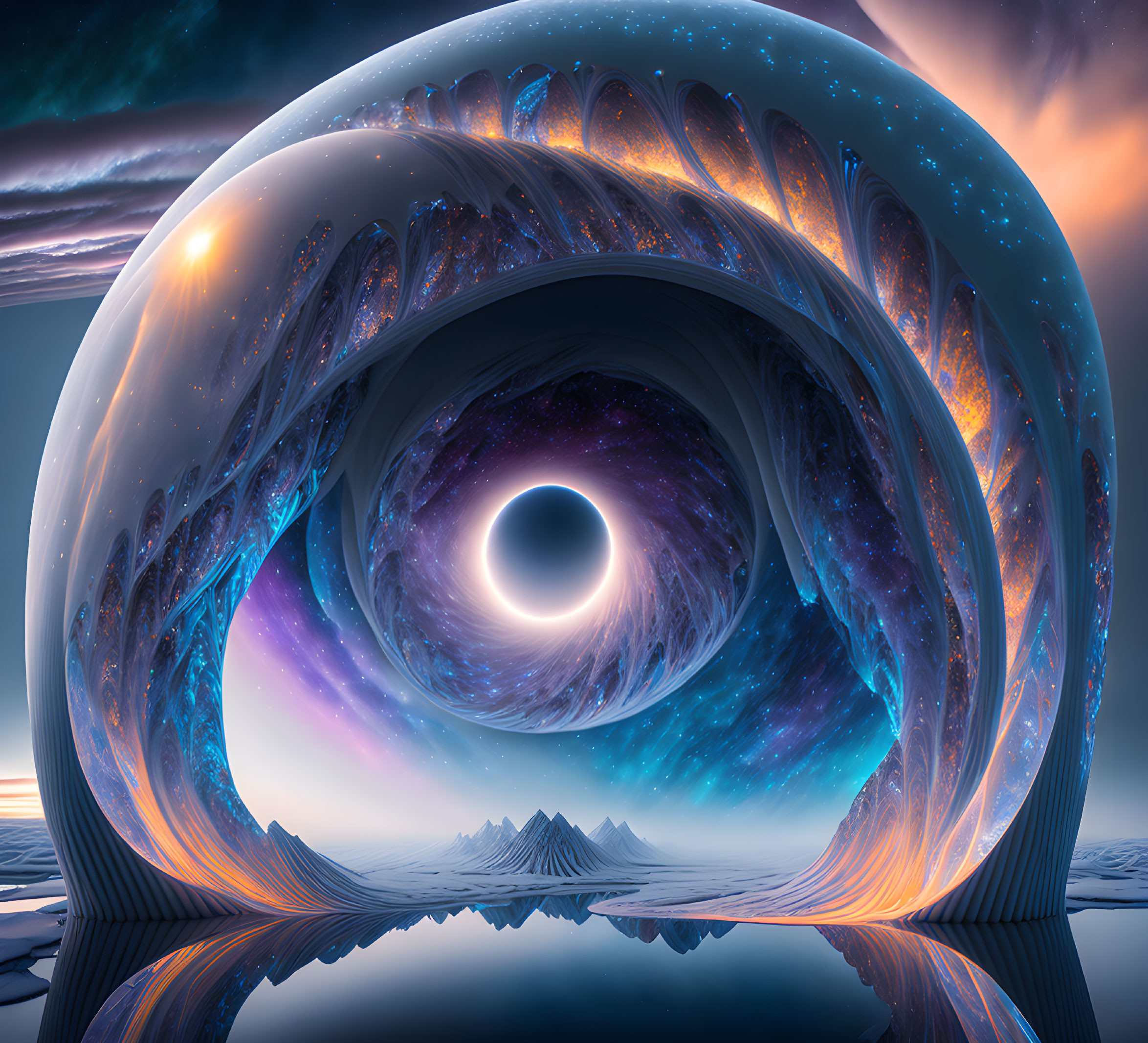 Surreal digital artwork: Infinite loop structure, fractal patterns, black hole, cosmic backdrop,