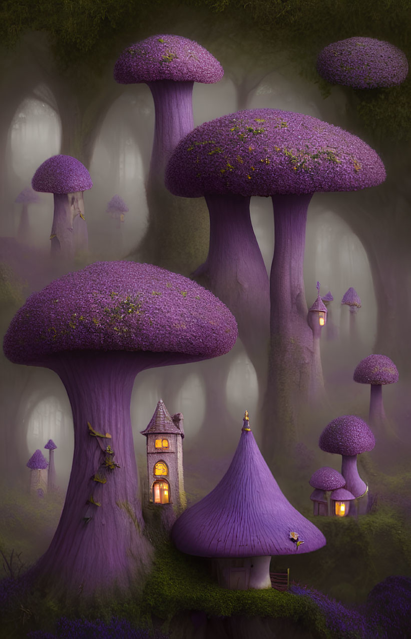 Purple Mushroom Forest with Glowing Lanterns and Whimsical Houses