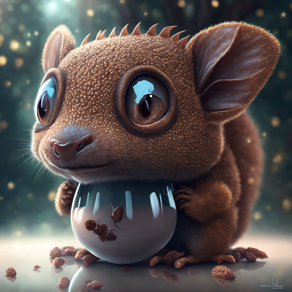 Cartoonish brown creature with spiky fur holding a blue cup and coffee beans