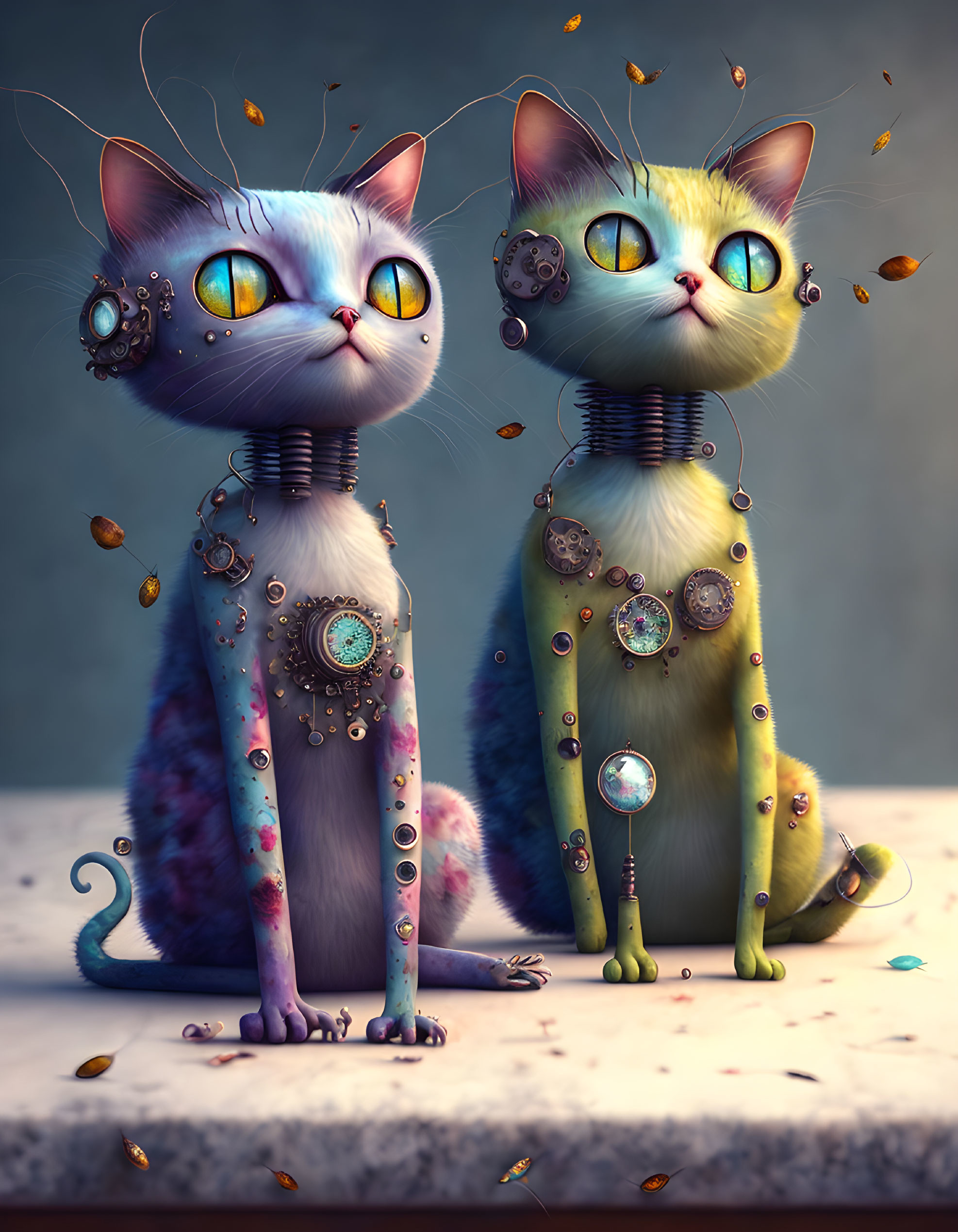 Whimsical robotic cats with detailed mechanical bodies and expressive eyes among floating gears