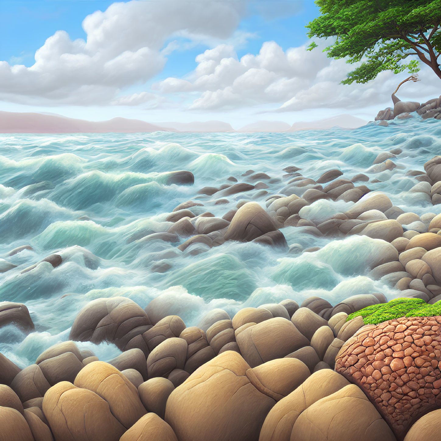 Vibrant seascape with textured rocks, foamy waves, lone tree, mountains, clear sky