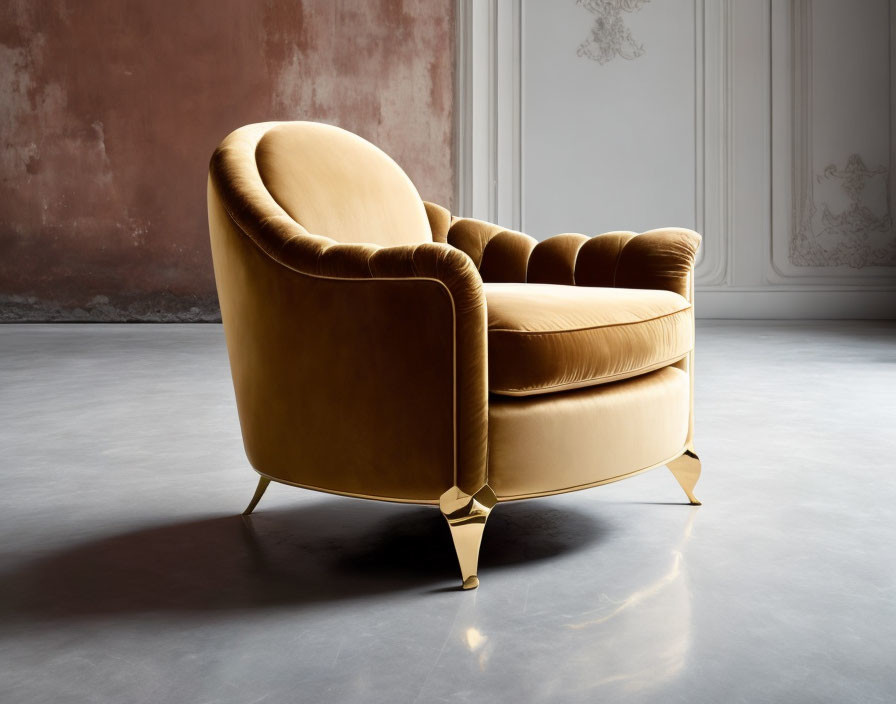 Golden Velvet Armchair with Brass Accents on Grey Floor and White Moldings