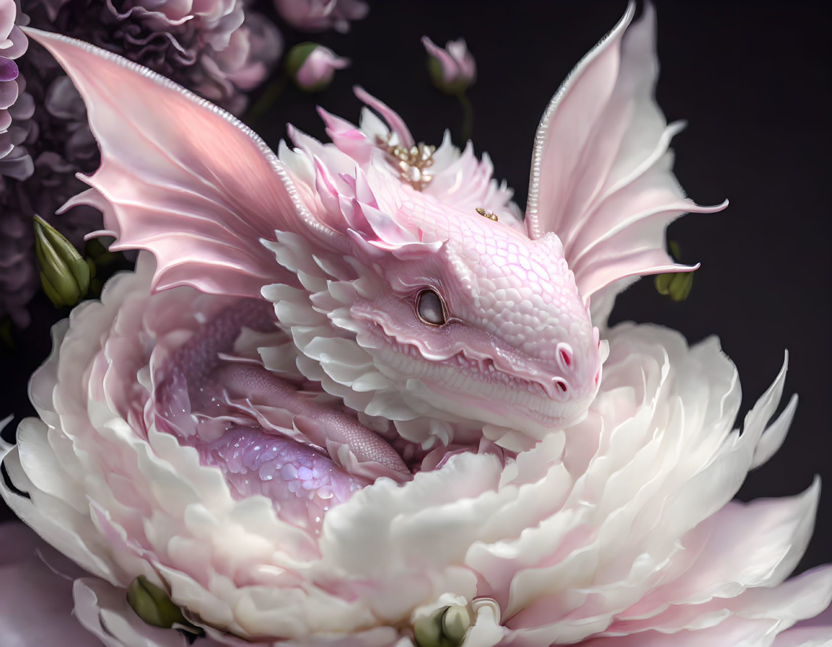 Pink Dragon Resting in White Flower Fantasy Scene