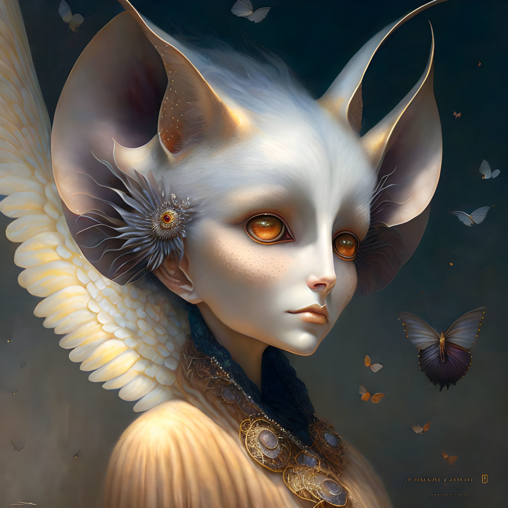 Mystical creature with pointed ears, golden eyes, pale complexion, adorned with jewelry, surrounded by