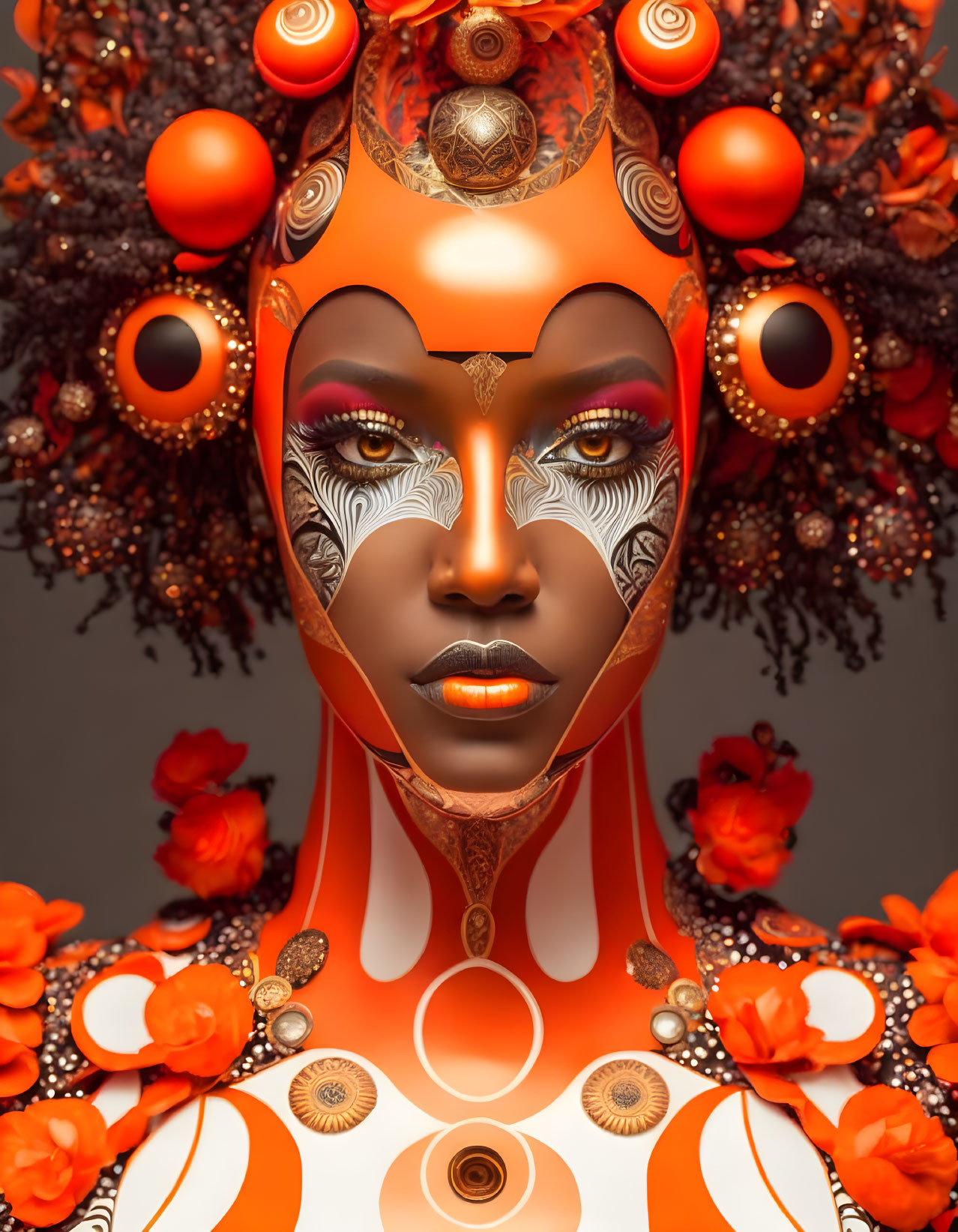 Intricate orange and white makeup with ornate headdress and floral decorations