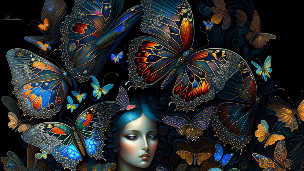 Colorful Butterfly Surrounding Woman's Face Artwork