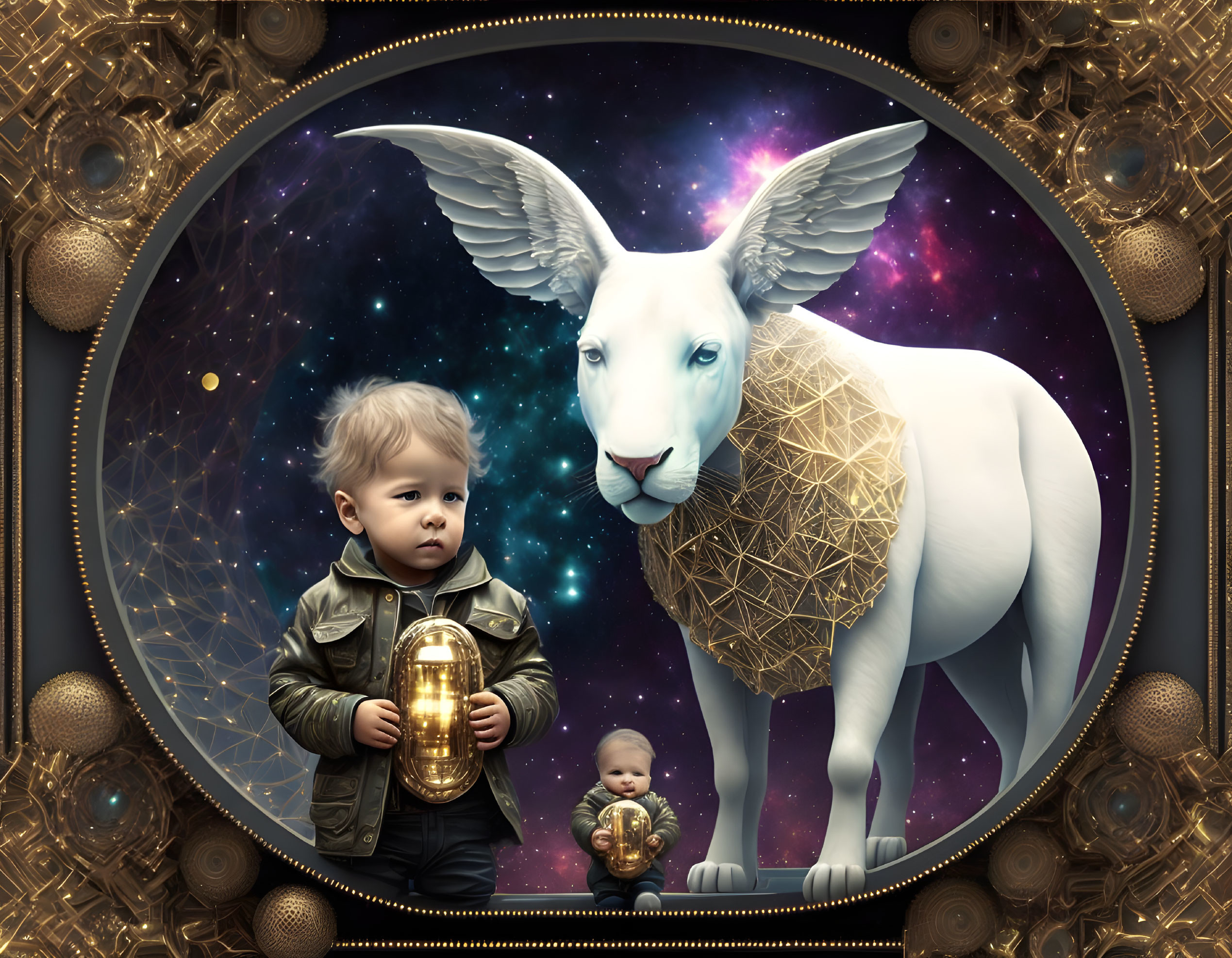 Surreal art: Child with lantern, cosmic hare, geometric pattern