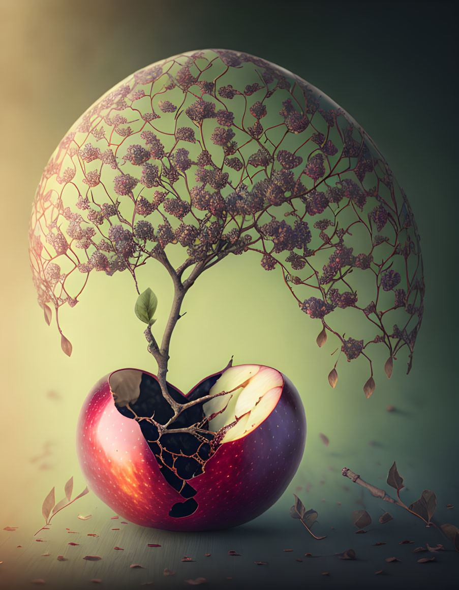 Surreal illustration of apple-shaped canopy tree on gradient sky