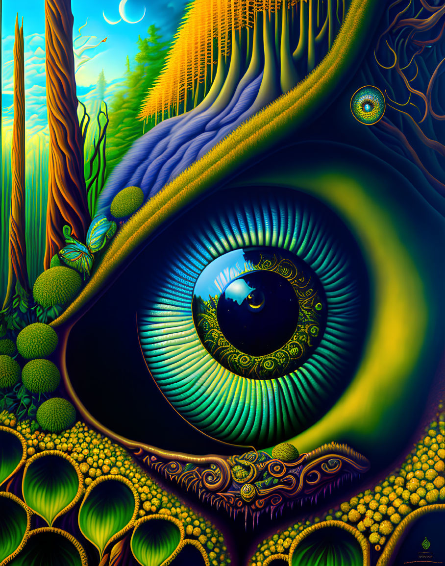 Surrealist artwork: Large eye in vibrant forest scene