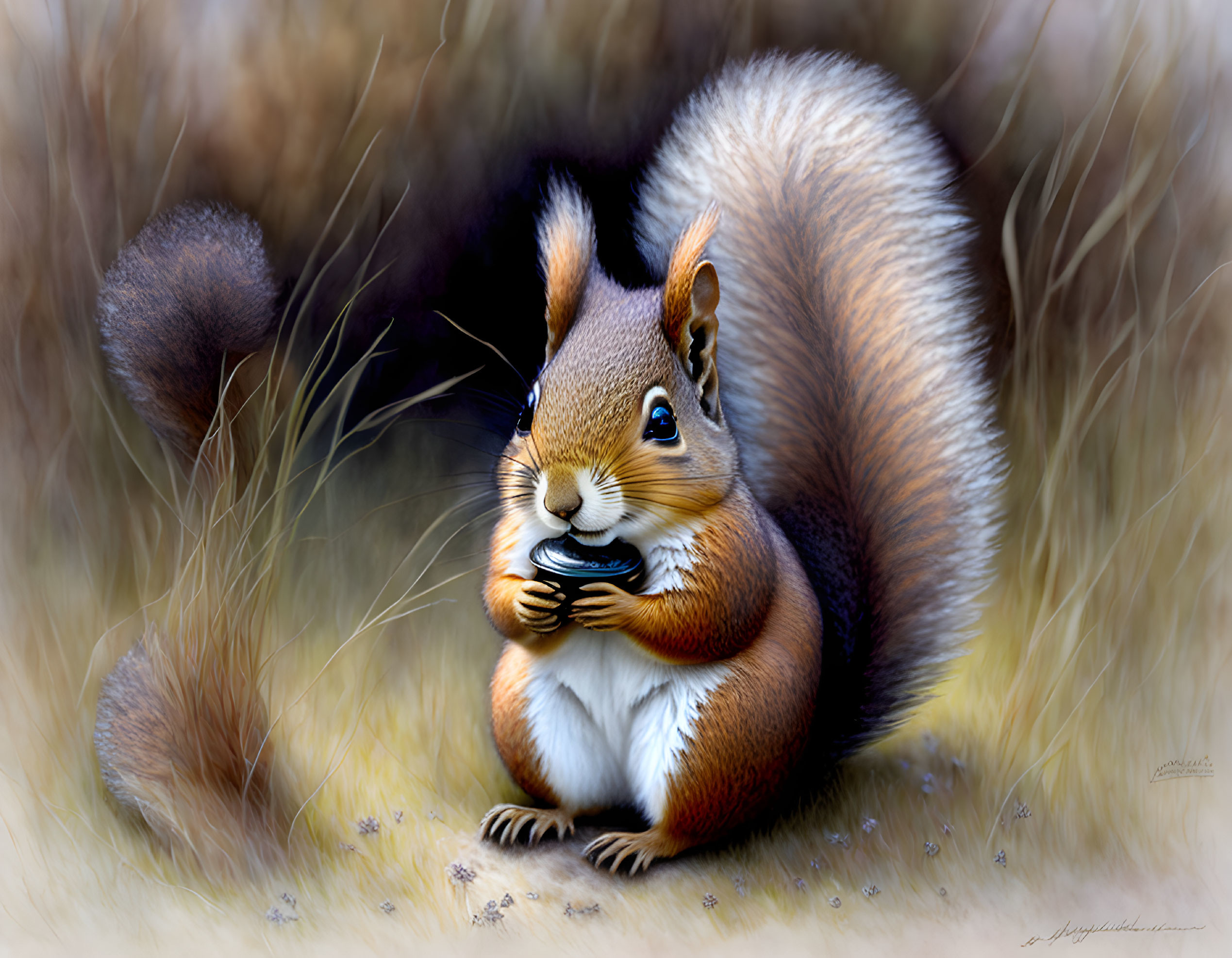 Detailed Illustration: Red Squirrel Eating Nut in Tall Grass