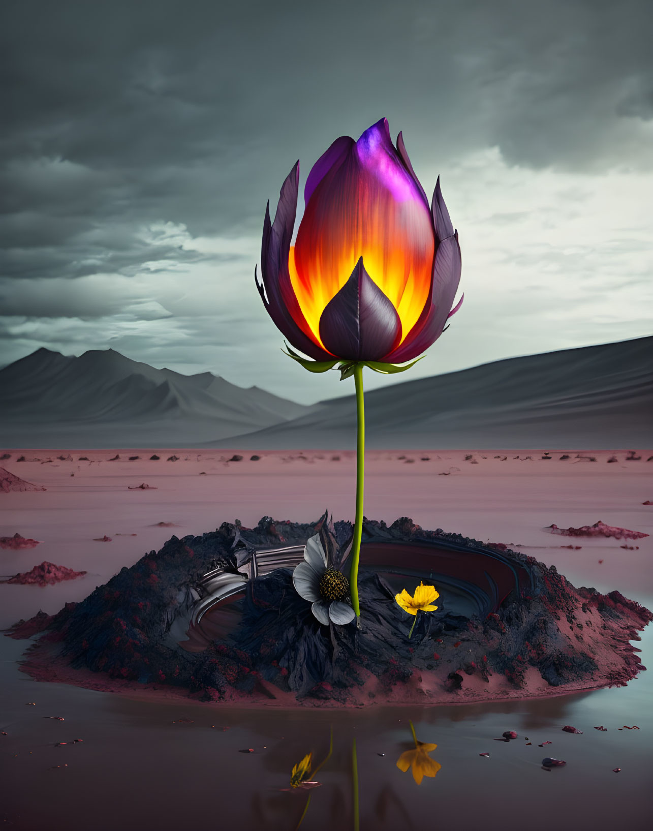 Vibrant giant lotus flower in dark volcanic landscape with pool and scattered petals under moody sky