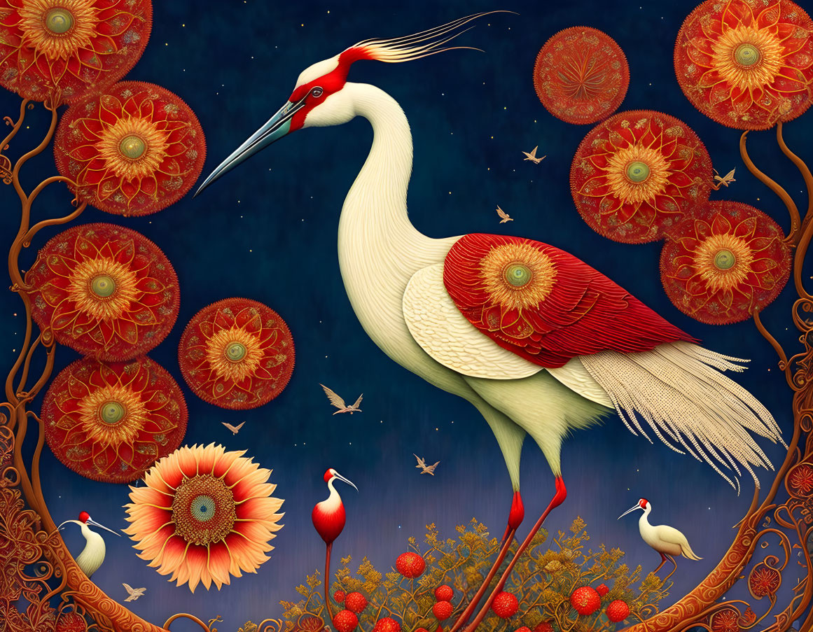 Colorful White Crane and Red Flowers on Dark Blue Background