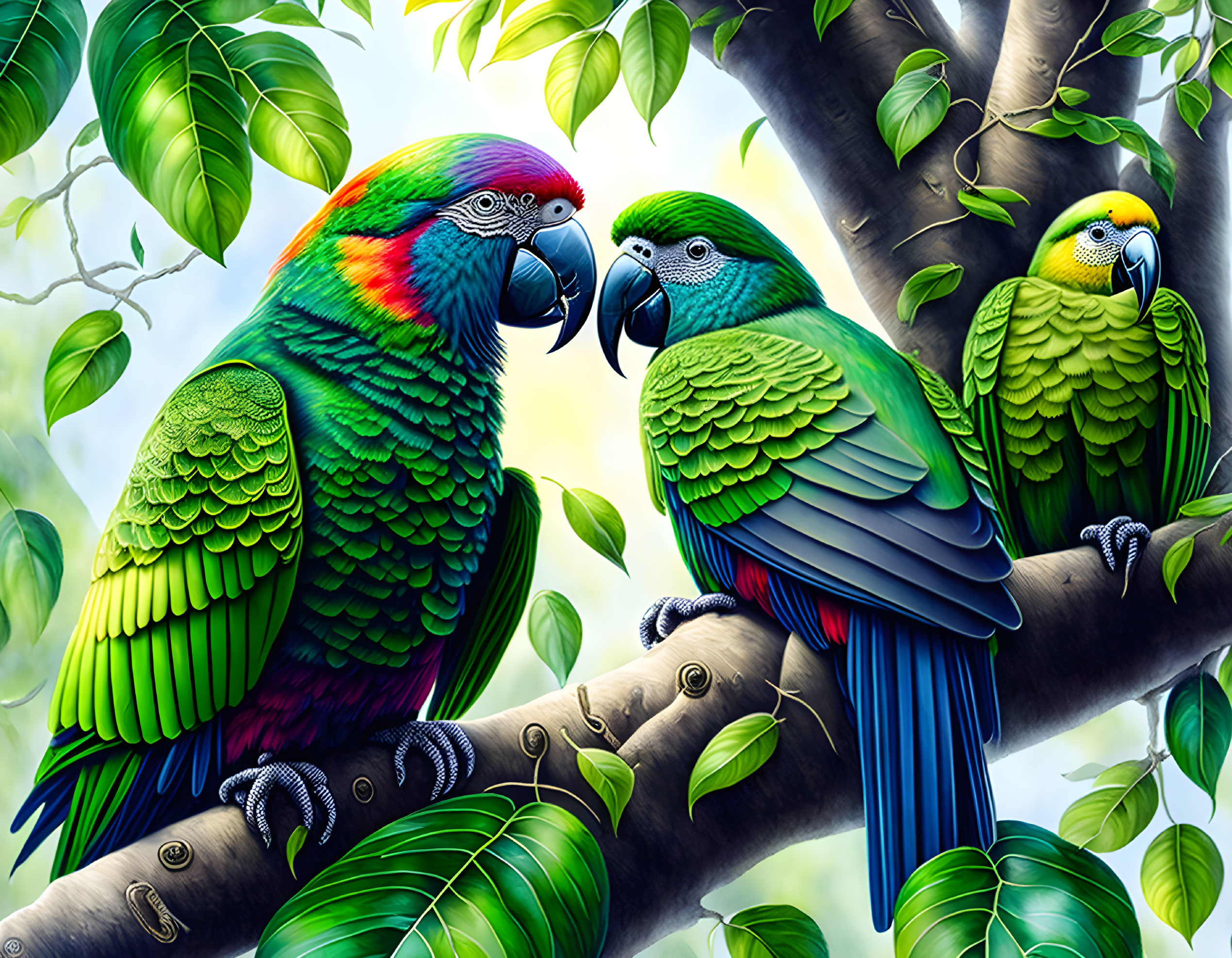 Colorful parrots on branch with lush green leaves, one peering at another, third observing