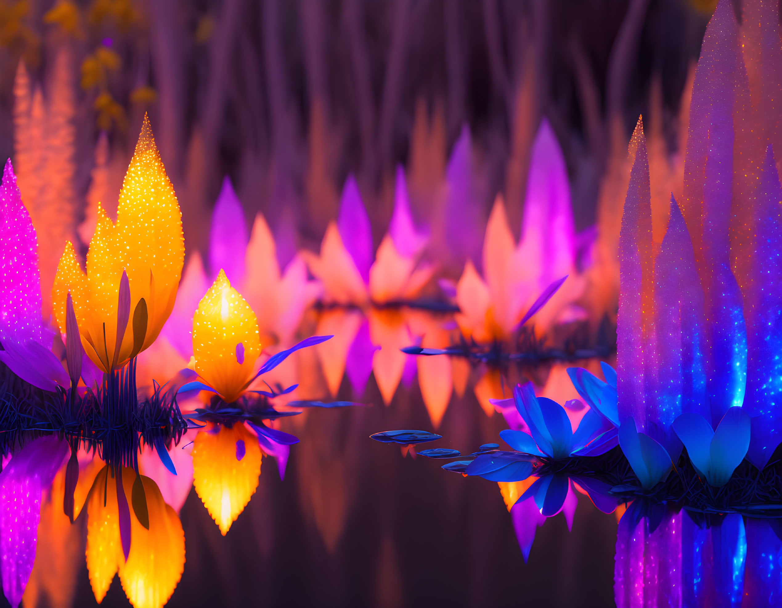 Colorful Artificial Lotus Flowers Illuminated on Calm Water