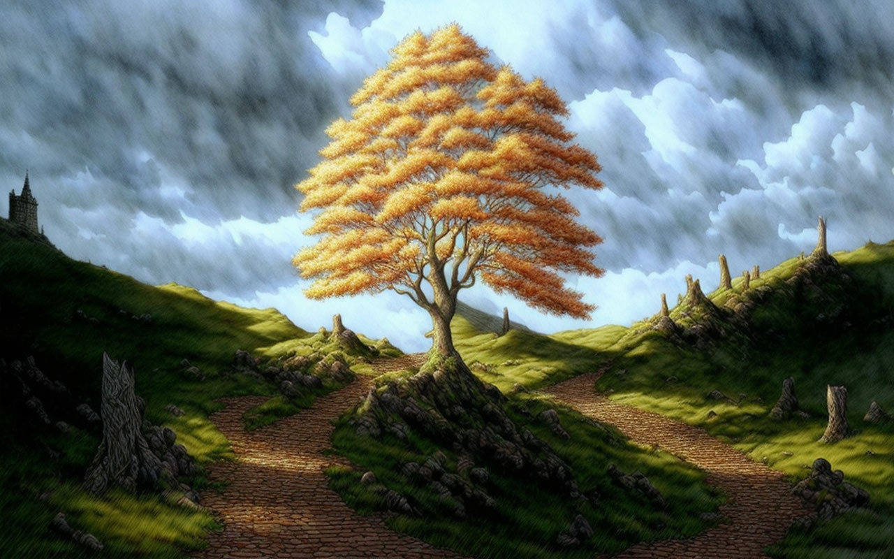 Lone vibrant orange tree in green field with cobblestone path under cloudy sky