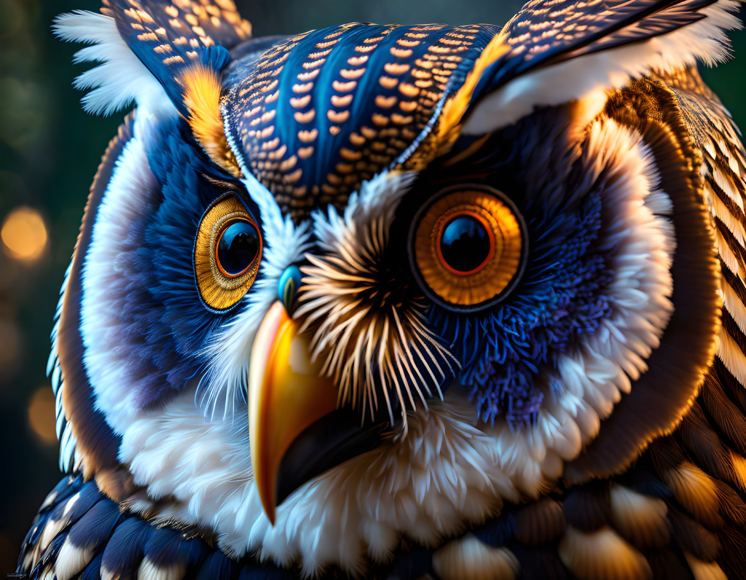 Detailed digital art: Vibrant owl with striking orange eyes