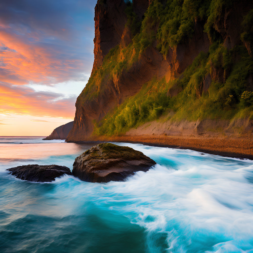 Vibrant sunset sky over coastal cliff and beach