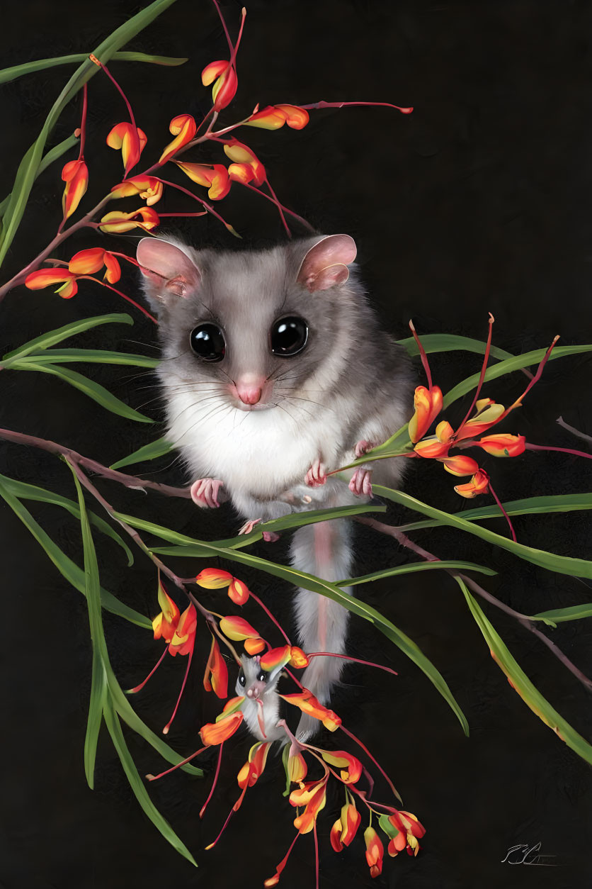 Large-eyed possum on branch with vibrant flowers against dark background