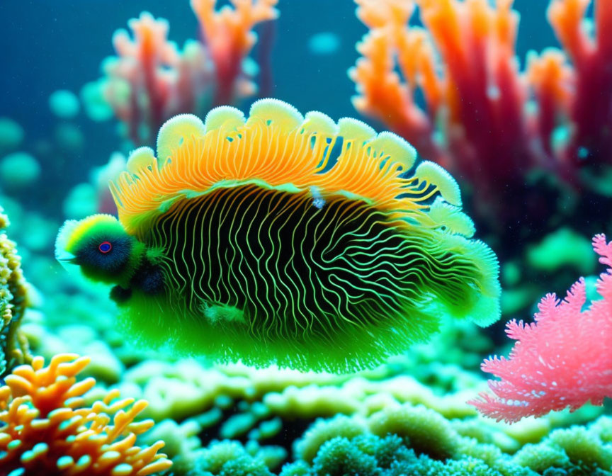 Colorful clam in vibrant underwater scene with coral reefs