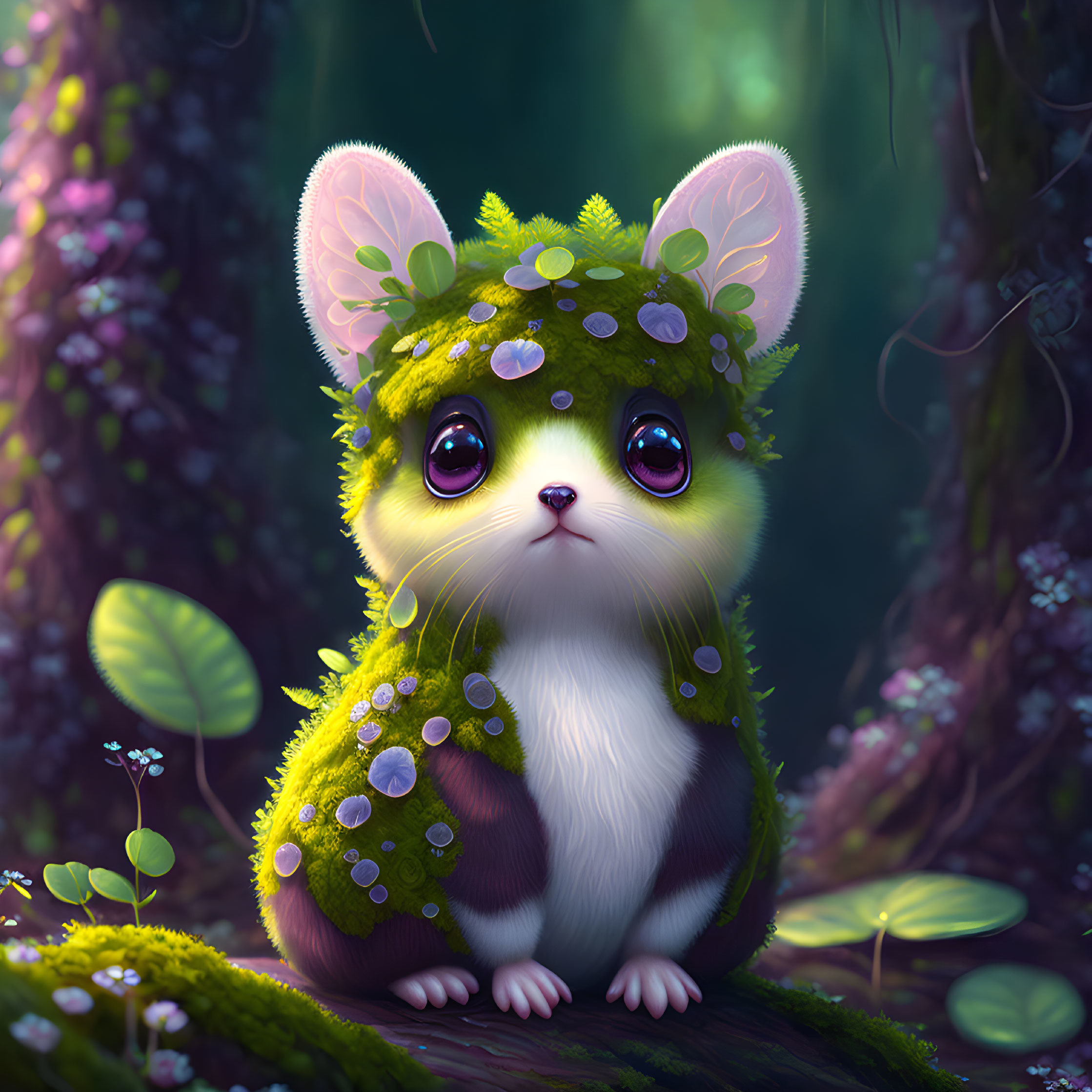 Fluffy creature with green leafy headdress in forest setting