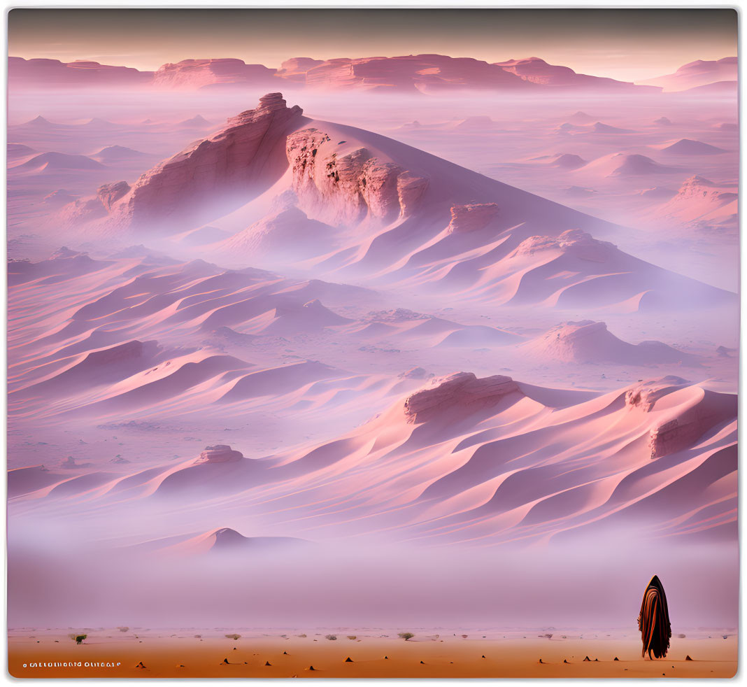 Person in long robe amidst desert dunes under pink sky with rock formation