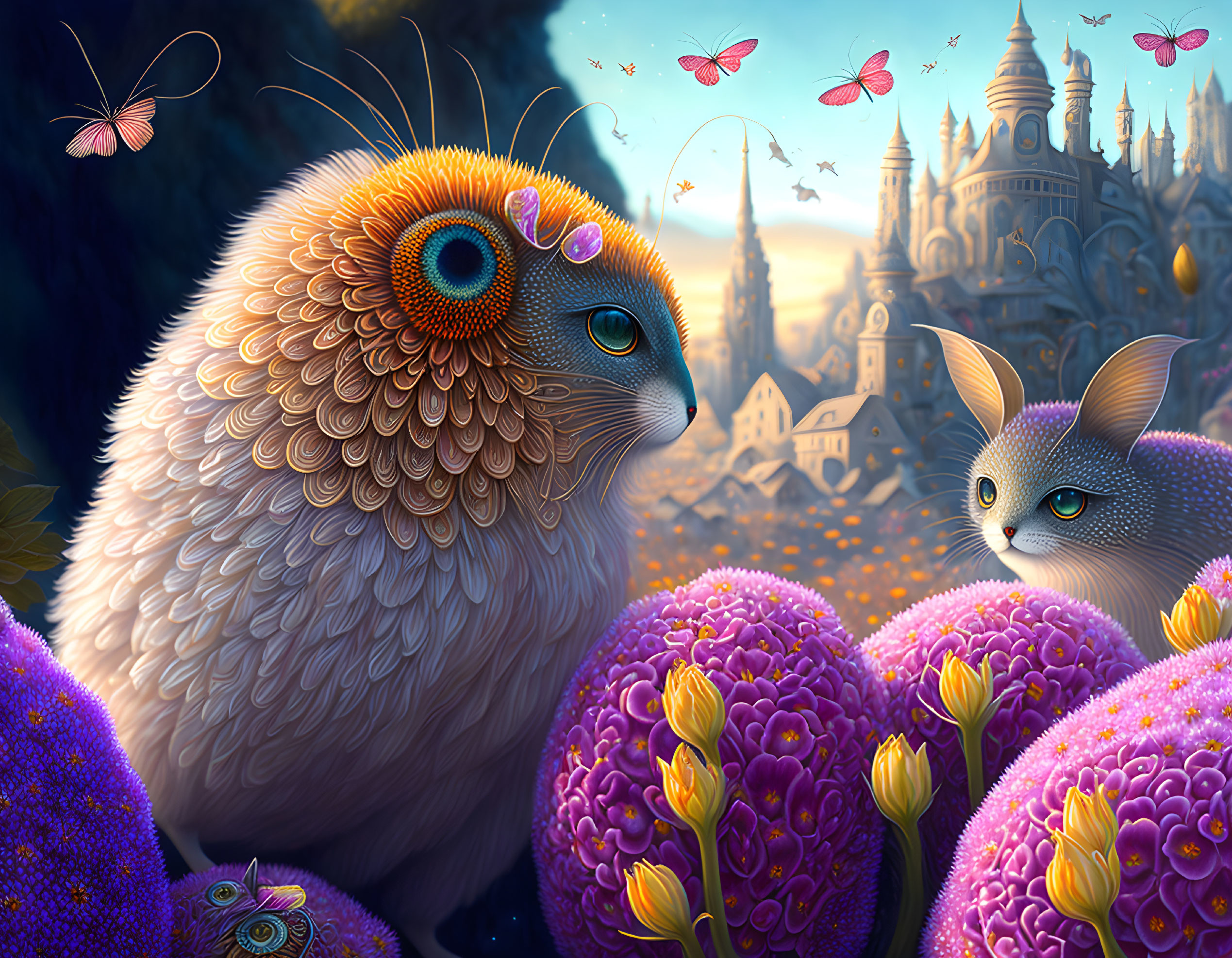 Whimsical fluffy creature with owl-like features in enchanted setting