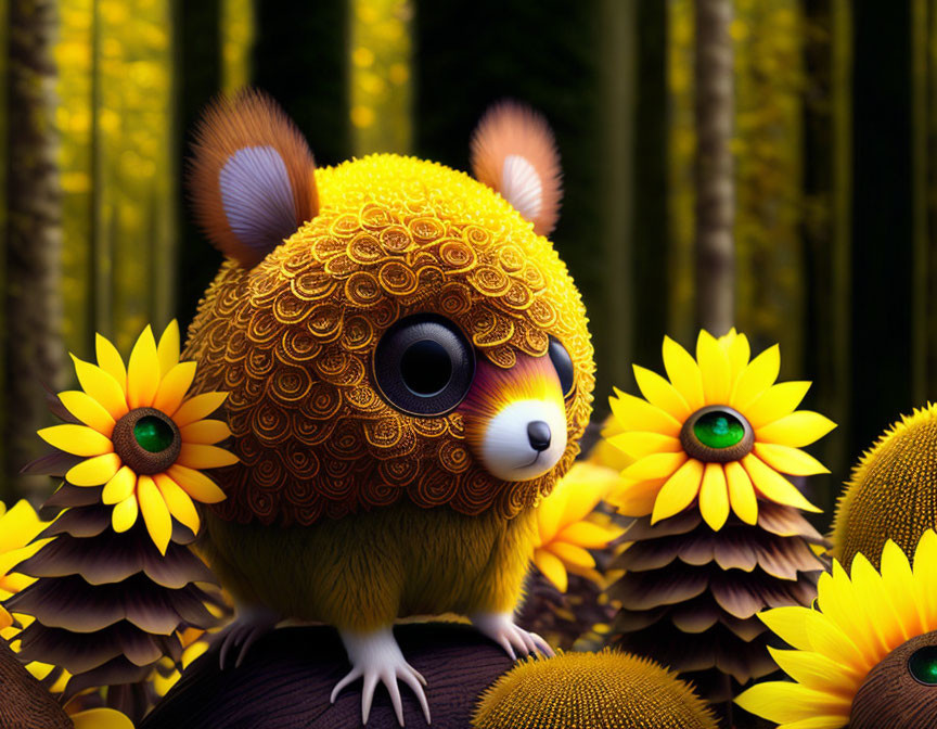 Whimsical creature among sunflowers in bamboo forest