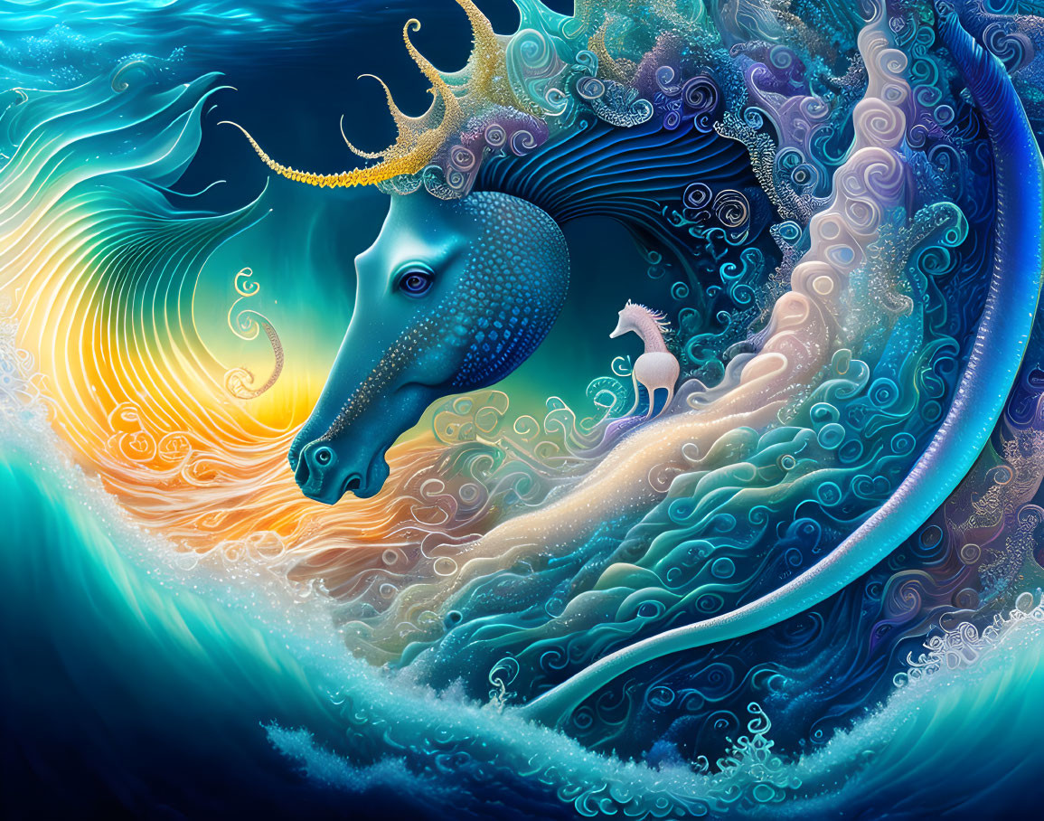 Colorful Digital Artwork: Mythological Sea Creature with Aquatic Elements