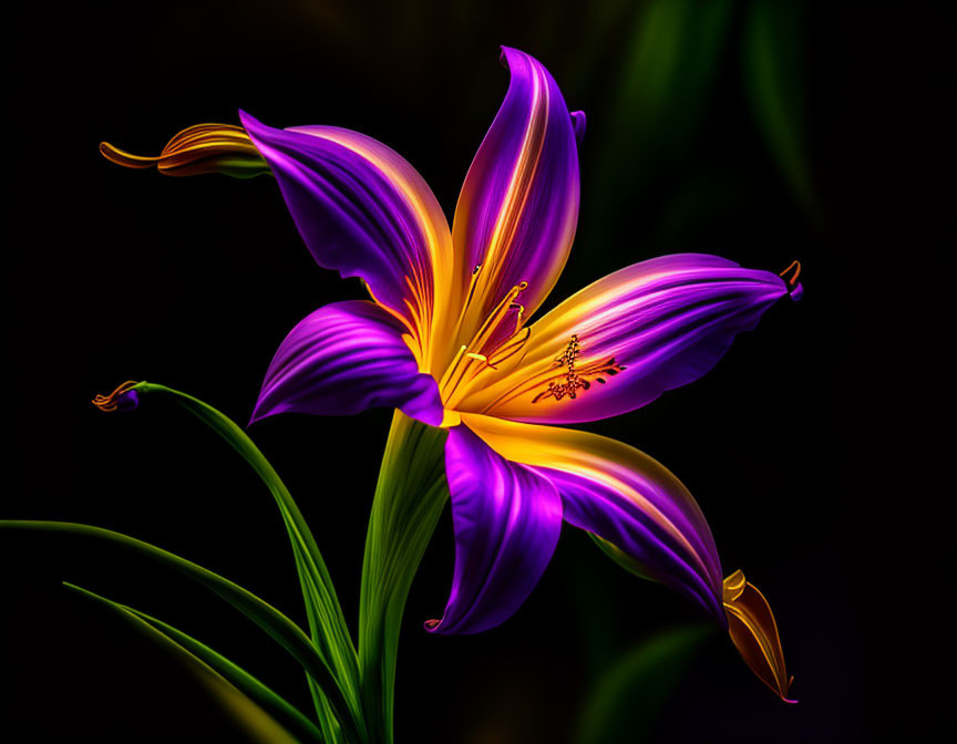 Vivid Purple and Yellow Lily with Prominent Stamens on Dark Background