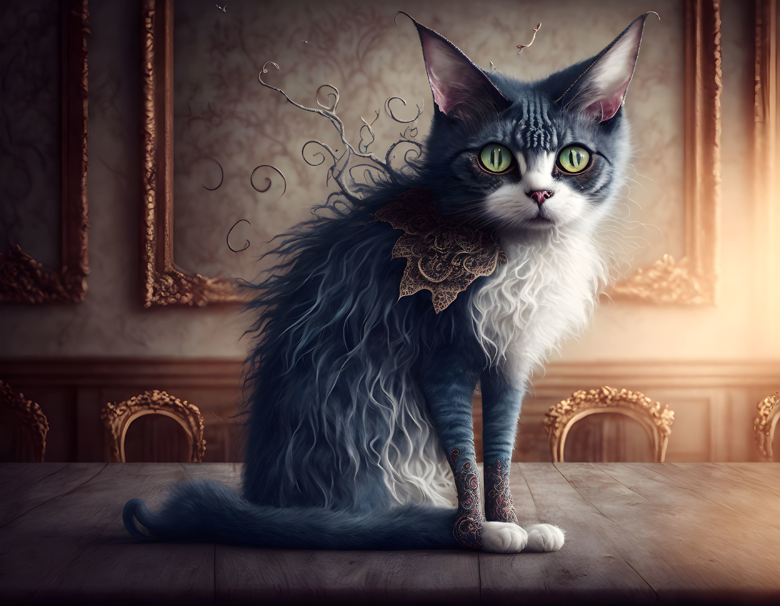 Long-haired cat with green eyes and tattoos in elegant room