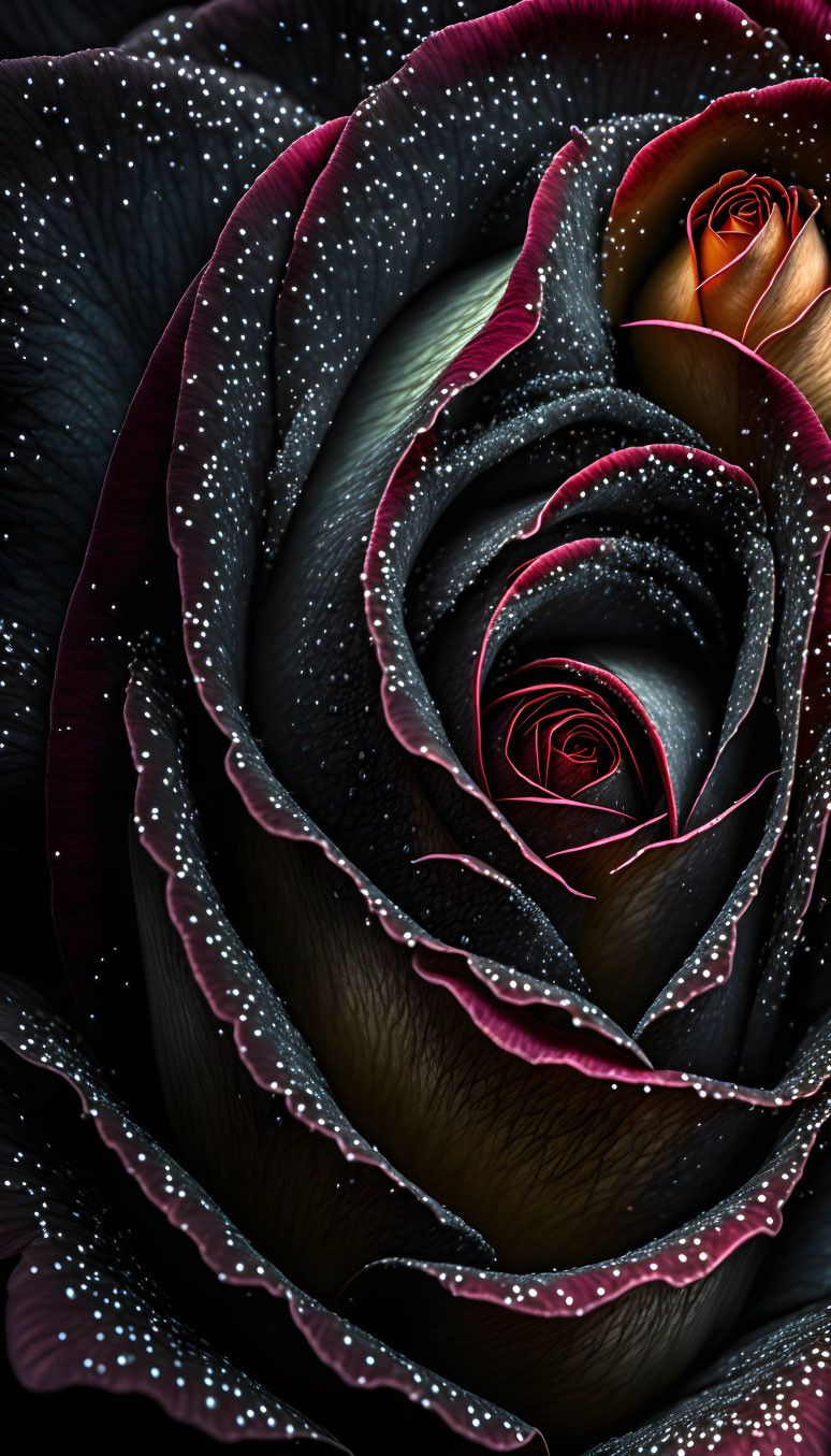 Fractal rose digital art: Black to red gradient with intricate patterns and sparkling dots